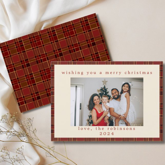 Red Gold Gingham Plaid Custom Photo Christmas Holiday Card (Creator Uploaded)