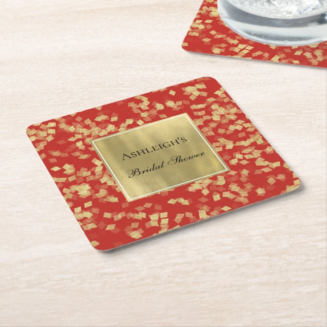 Red Gold Glam Confetti  Square Paper Coaster (Angled)