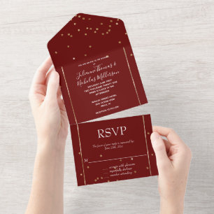 Red Gold Glam Confetti Wedding All In One Invitation