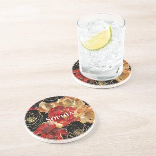 Red Gold Glam Flowers Birthday Coaster