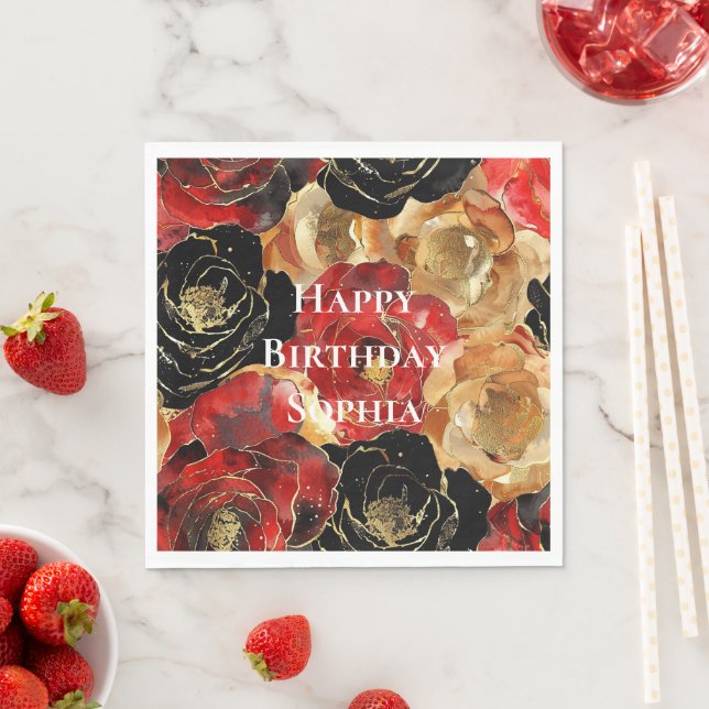 Red Gold Glam Flowers Birthday Napkin (Insitu)
