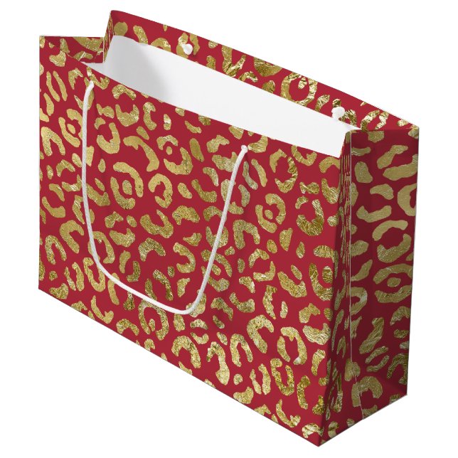 Red Gold Glam Leopard Print Large Gift Bag (Front Angled)