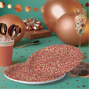 Red Gold Glam Leopard Print Paper Plate
