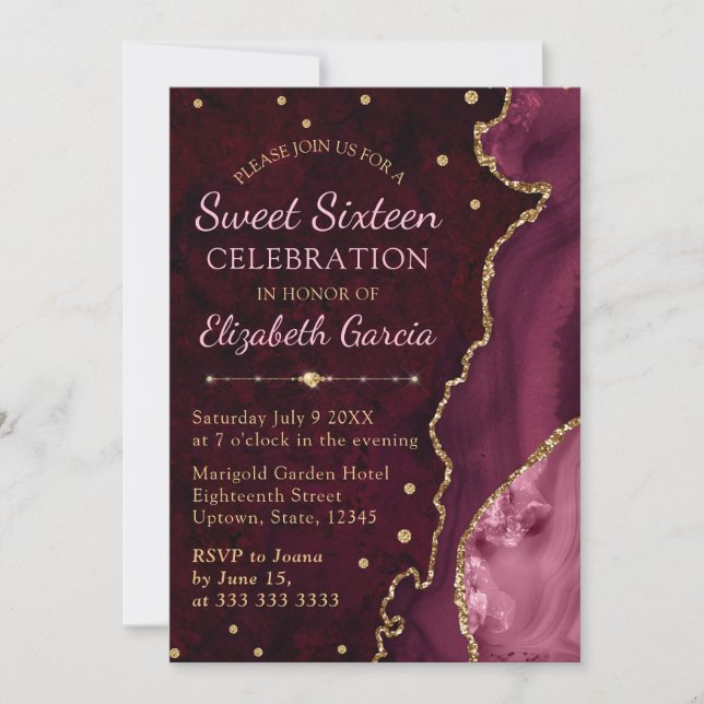 Red & Gold Glitter Agate and marble Sweet 16 Invitation (Front)