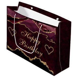 Red & Gold Glitter Agate Happy Birthday Large Gift Bag