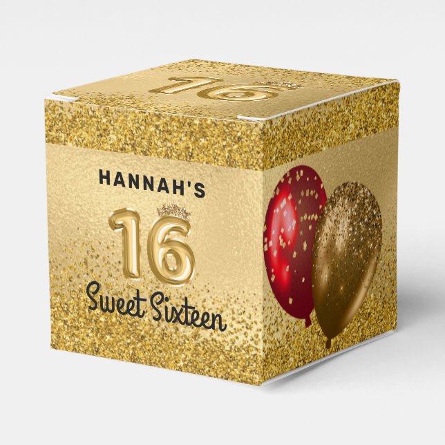 Red Gold Glitter Balloons Sweet 16 Sixteen Favour Box (Front Side)