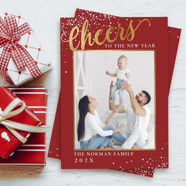 Red Gold Glitter Cheers to the New Year Photo Holiday Card (Creator Uploaded)