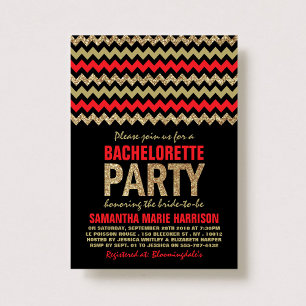 Red & Gold Glitter Chevron Bachelorette Party Invitation