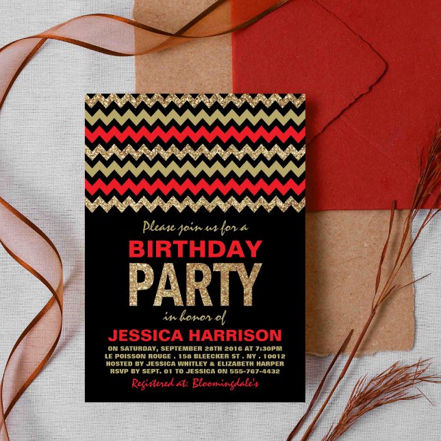 Red & Gold Glitter Chevron Birthday Party Invitation (Creator Uploaded)