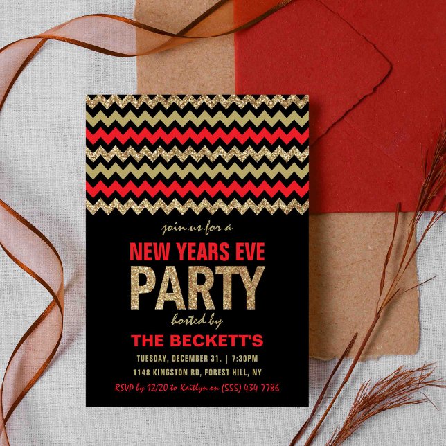 Red & Gold Glitter Chevron New Years Party Invitation (Creator Uploaded)