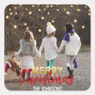 RED Gold Glitter Confetti Merry Christmas PHOTO Square Sticker