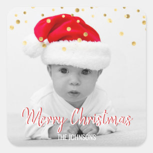RED Gold Glitter Confetti Merry Christmas PHOTO Square Sticker