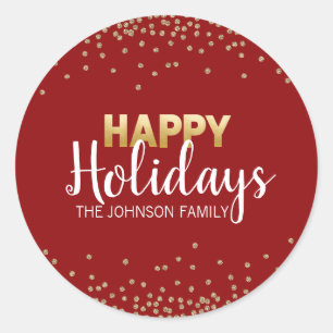 RED Gold Glitter Confetti Xmas Happy HOLIDAYS Classic Round Sticker