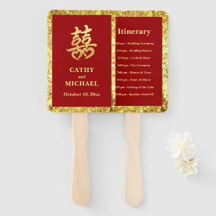 Red gold glitter double happiness wedding program hand fan