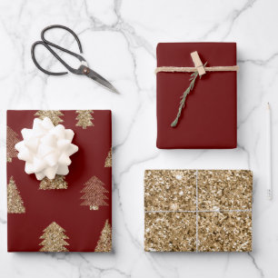 Red Gold Glitter Glam Christmas Trees Wrapping Paper Sheet
