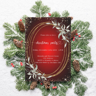 Red gold glitter greenery Christmas Party Invitation