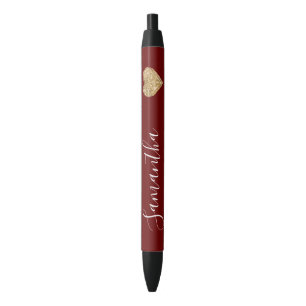 Red Gold Glitter Heart Personalised Name Black Ink Pen