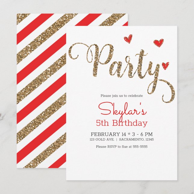 Red & Gold Glitter Heart Valentine's Day Party Invitation (Front/Back)