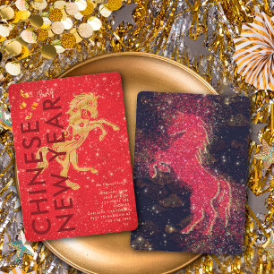 Red Gold Glitter Horse Lunar New Year Party Invitation