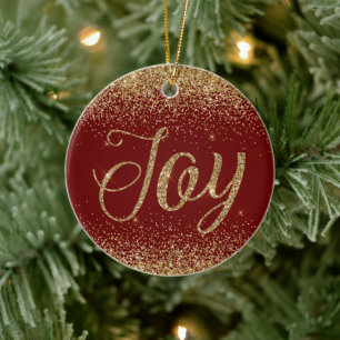 Red Gold Glitter Joy Ceramic Tree Decoration