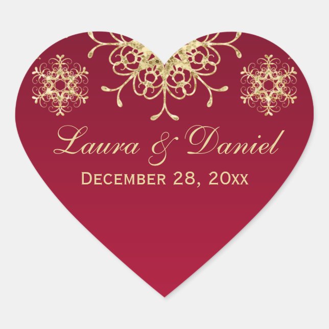 Red, Gold Glitter LOOK Snowflake Wedding Sticker (Front)