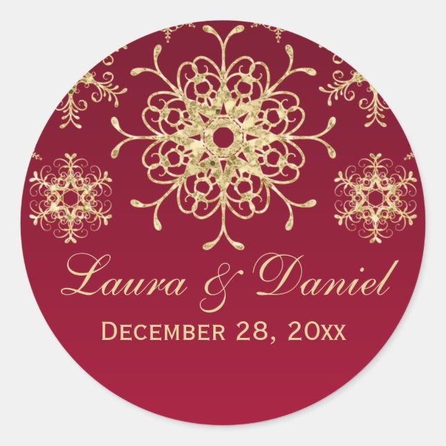 Red, Gold Glitter LOOK Snowflake Wedding Sticker (Front)