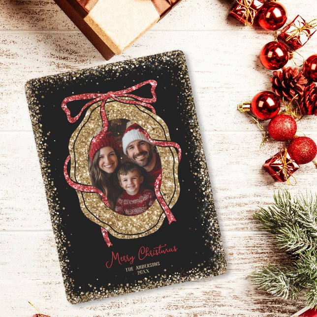 Red Gold Glitter Merry Christmas Family Photo  Invitation (red and gold glitter bow photo frame christmas card)