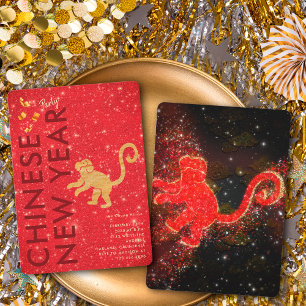 Red Gold Glitter Monkey Lunar New Year Party Invitation