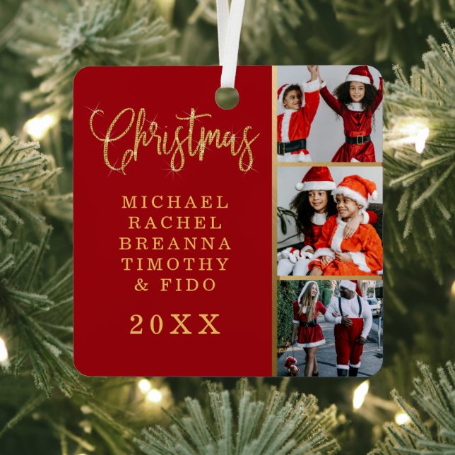 Red Gold Glitter Names Year Family Photo Christmas Metal Tree Decoration (Insitu)
