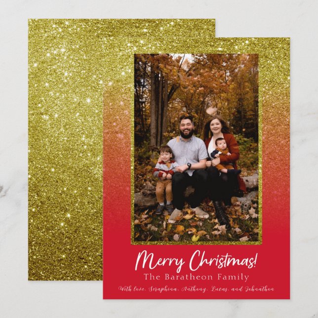 Red Gold Glitter Personalised Family Christmas Holiday Card (Front/Back)