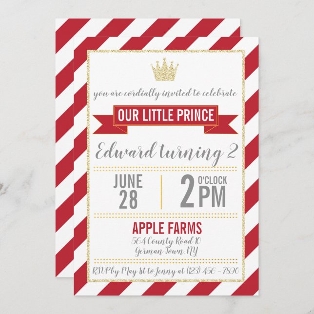 Red Gold Glitter Prince Birthday Invitation (Front/Back)