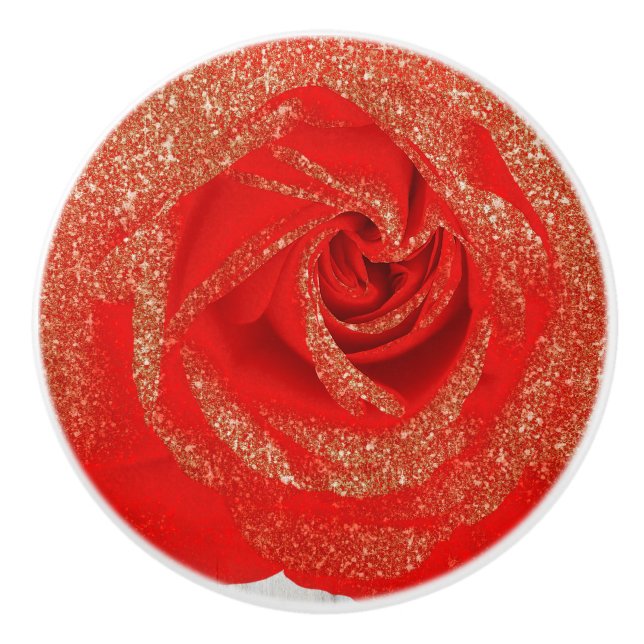 Red Gold Glitter Rose White Wood Shabby Chic Ceramic Knob (Front)