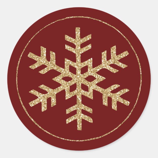 Red Gold Glitter Snowflake Classic Round Sticker (Front)