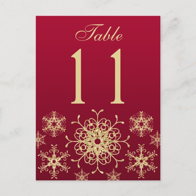 red, Gold Glitter Snowflakes Table Number Card (Front)