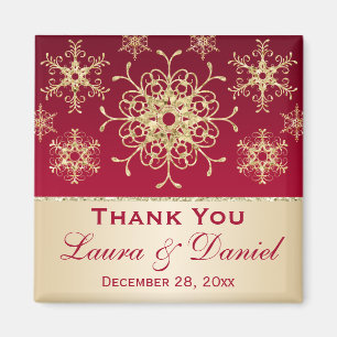 Red, Gold Glitter Snowflakes Wedding Favour Magnet