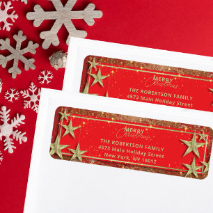 Red Gold Glitter Star Merry Christmas Address