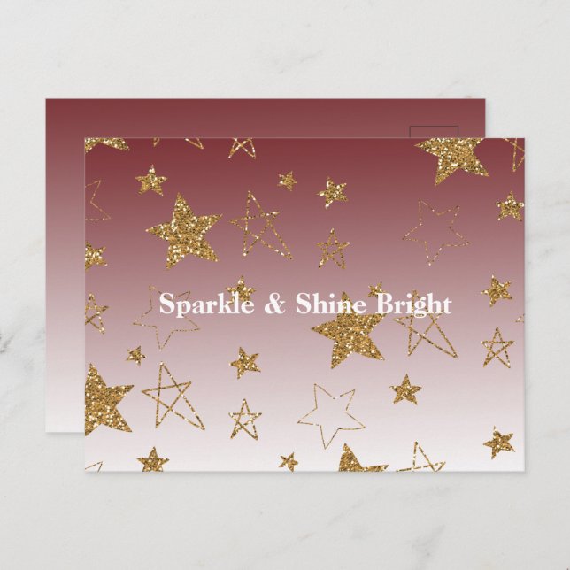 Red Gold Glitter Stars Christmas Postcard (Front/Back)