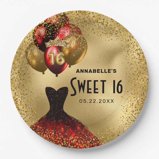 Red Gold Glitter Sweet 16 Paper Plate (Front)