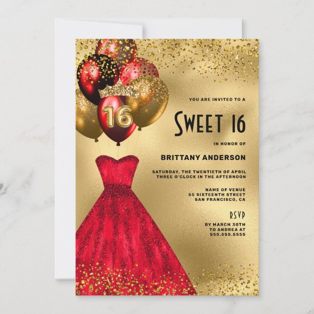 Red Gold Glitter Tiara Dress Sweet 16 Birthday Invitation (Front)