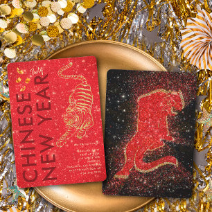 Red Gold Glitter Tiger Lunar New Year Party Invitation