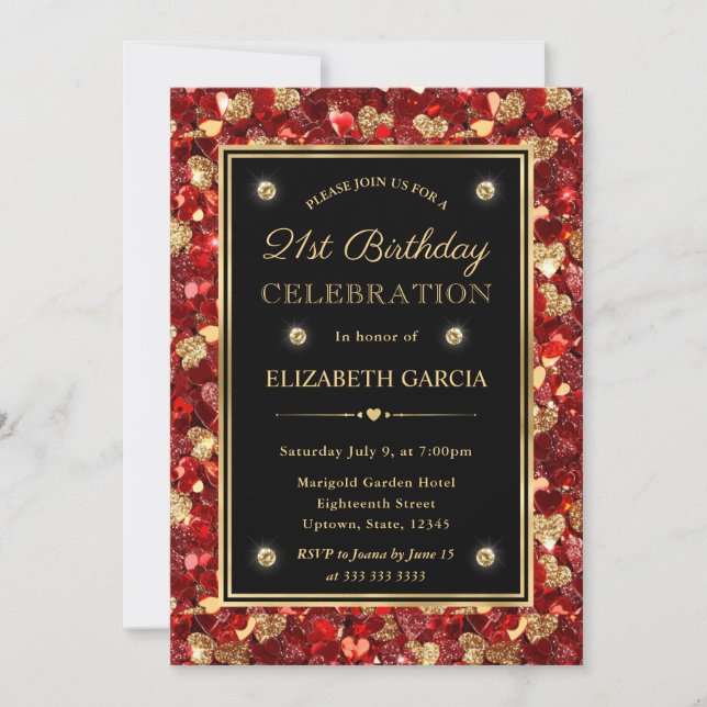 Red & Gold Glitter Valentine Hearts 21st Birthday Invitation (Front)