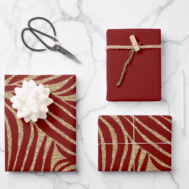 Red Gold Glitter Zebra Birthday  Wrapping Paper Sheet (Front)