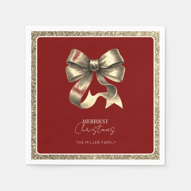 Red Gold Glittered Bow Christmas Paper Napkin (Front)