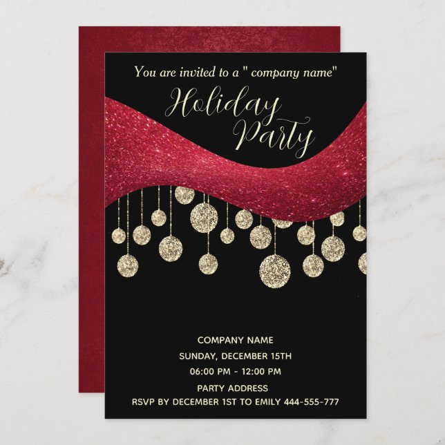 Red gold glittery simple corporate Christmas party Invitation (Front/Back)