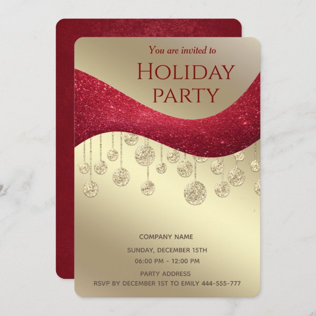 Red gold glittery simple corporate Christmas party Invitation (Front/Back)