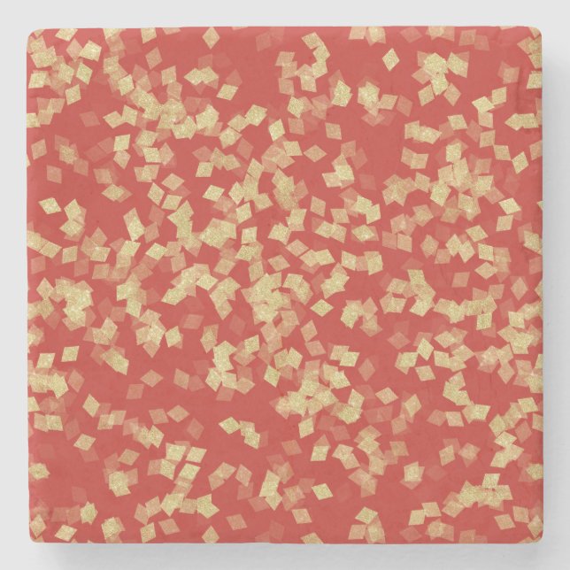 Red Gold Glitzy Confetti   Stone Coaster (Front)