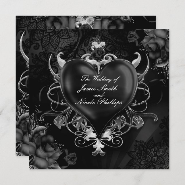 Red & Gold Gothic Love Romance Heart Wedding Invitation (Front/Back)