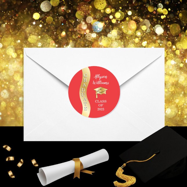 Red | Gold Graduate Wave Grad Cap Classic Round Sticker (Creator Uploaded)