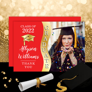 Red   Gold Graduate Wave Grad Cap Photo Thank You Card