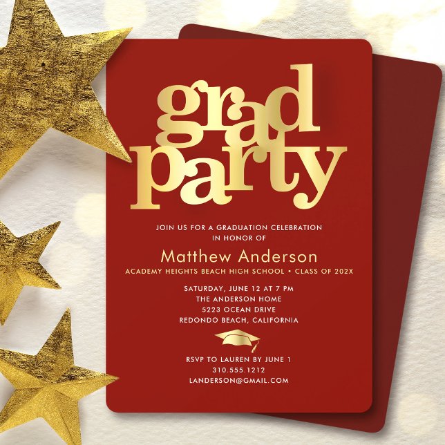 Red Gold Graduation Cap Bold Typography Minimal Invitation (Creator Uploaded)